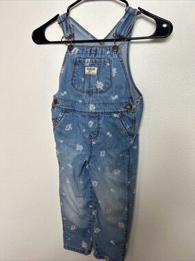 Vintage OshKosh B'gosh Girls Denim Overalls Size 4T Floral Adjustable Straps
